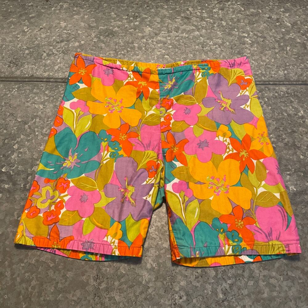 Vintage 60s Hawaiian Floral Swim Board Shorts Medium Cotton Trunks Retro Hippie - Picture 1 of 11